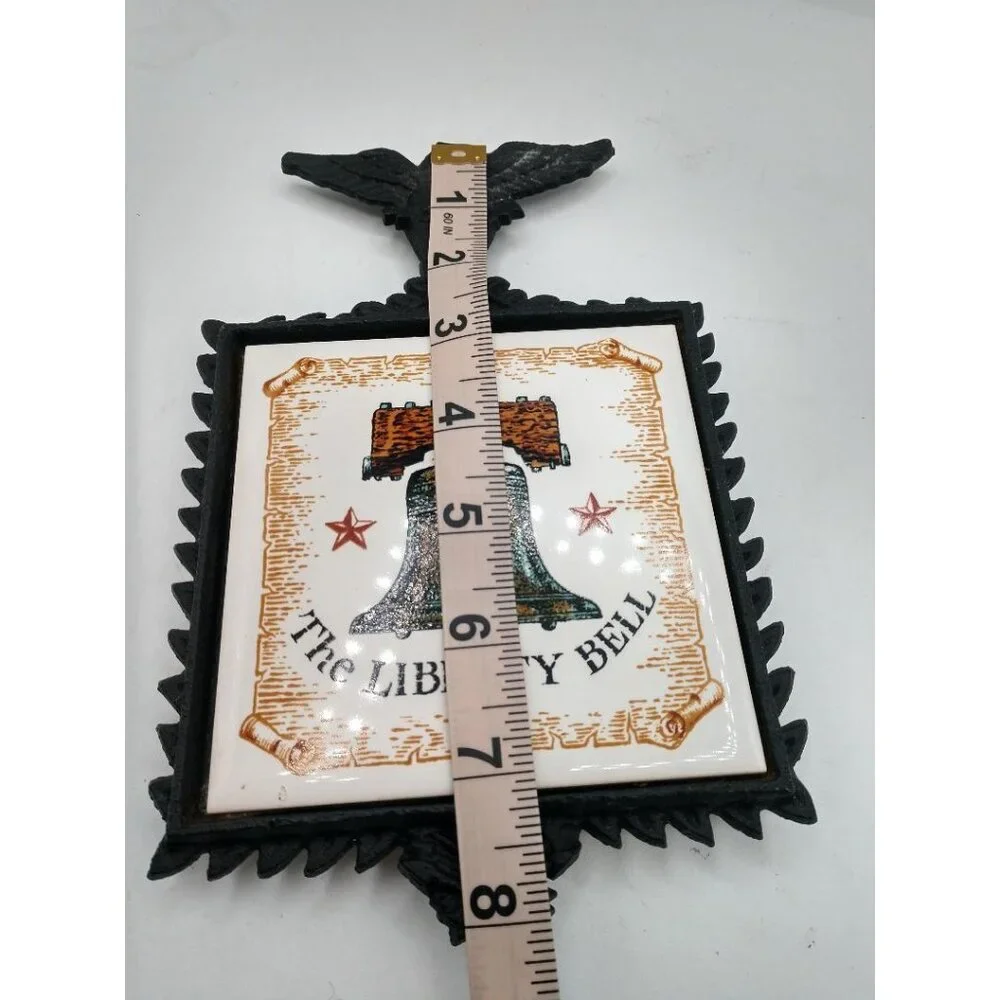 Vintage Cast Iron Enesco Wall Plaque With Ceramic Tile Featuring The Liberty Bel